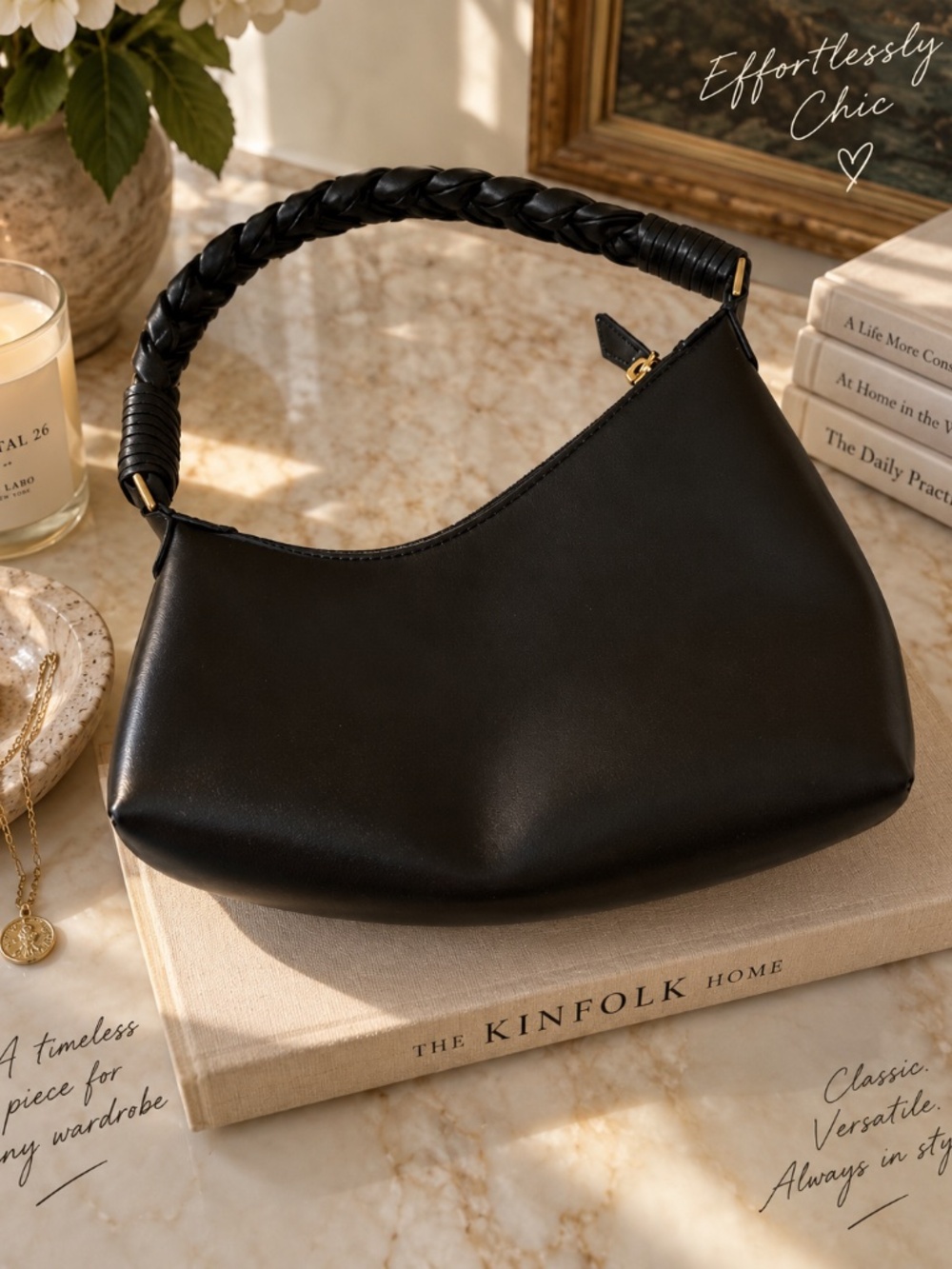 Black Braided-Handle Shoulder Bag for Women